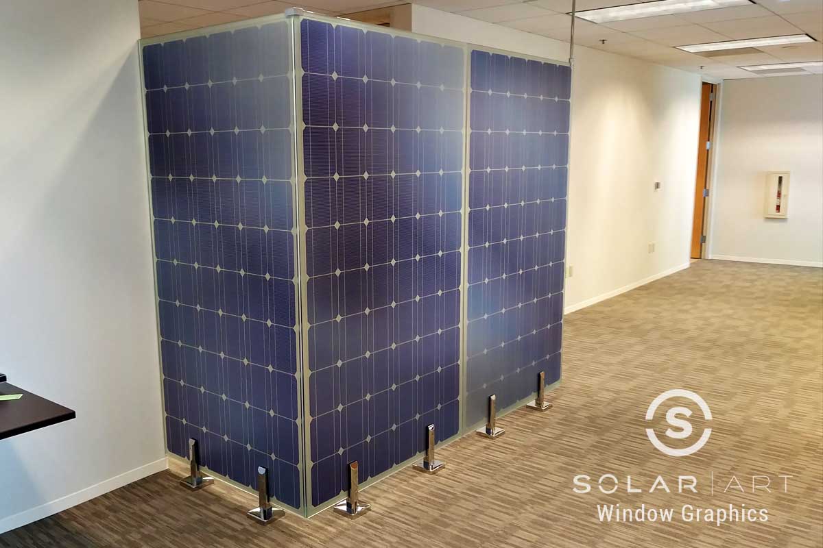 Window graphics printed solar panels